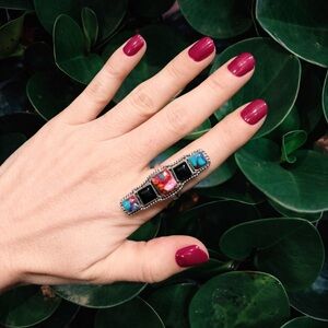 Pink Dahlia Onyx & Turquoise Stack Bar Ring 925 Sterling Silver - Adjustable